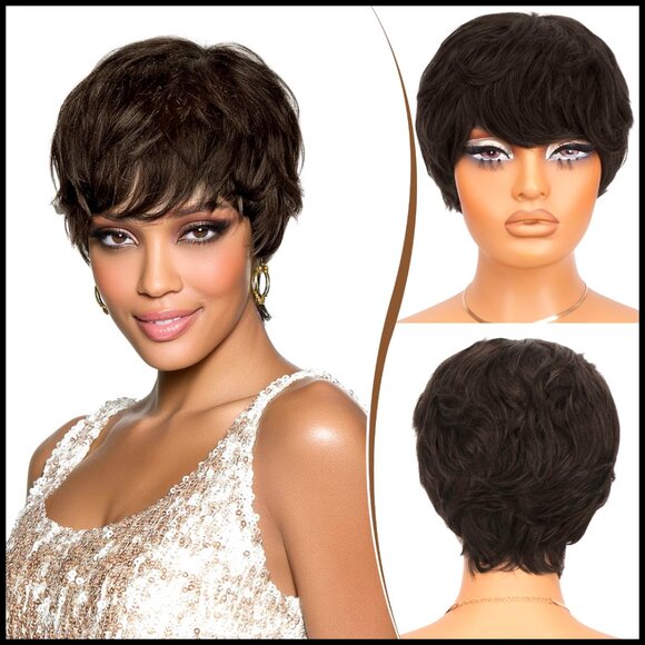 Short Layered Wavy Wig with Bangs Glueless Heat Resistant Human Hair Pixie